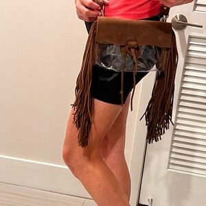 One-Of-A-Kind Chic Brown Fringe Clear Crossbody and Belt Bag